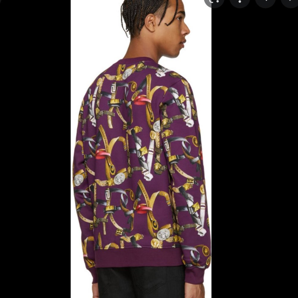 VERSACE COLLECTION Printed Crew Neck Purple Belts Pullover Size: L - Picture 2 of 7